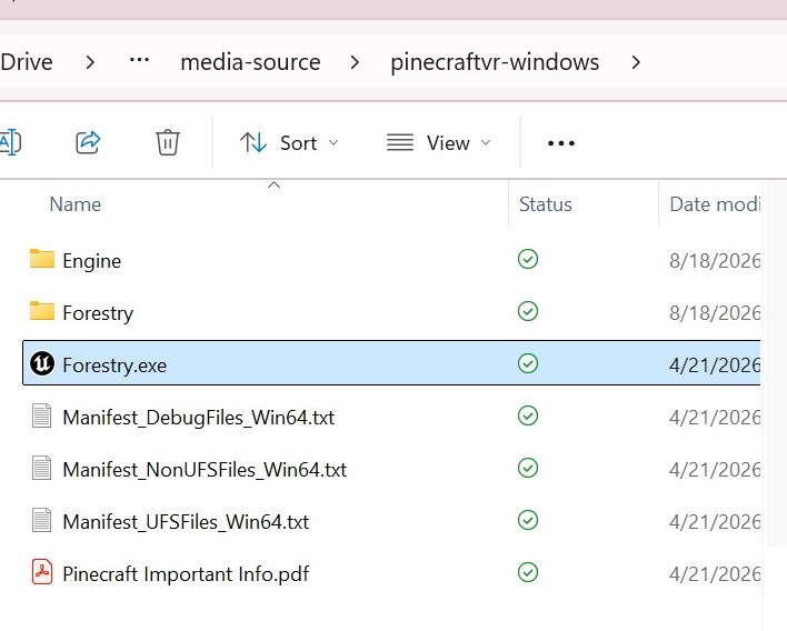 The unzipped Pinescape folder, with Forestry.exe visible.