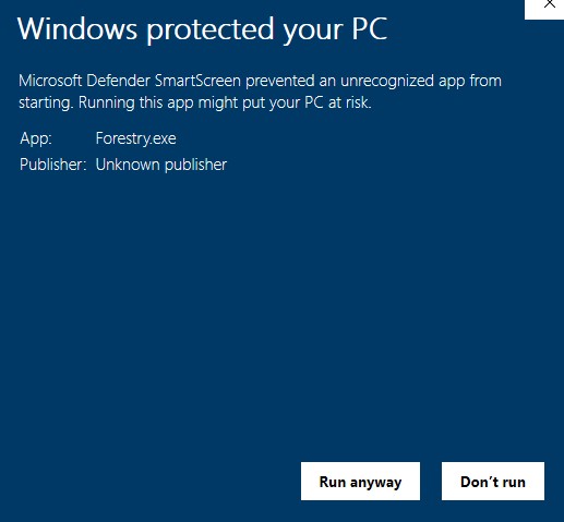 Windows SmartScreen warning: Windows protected your PC, with Run anyway and Don't run buttons.